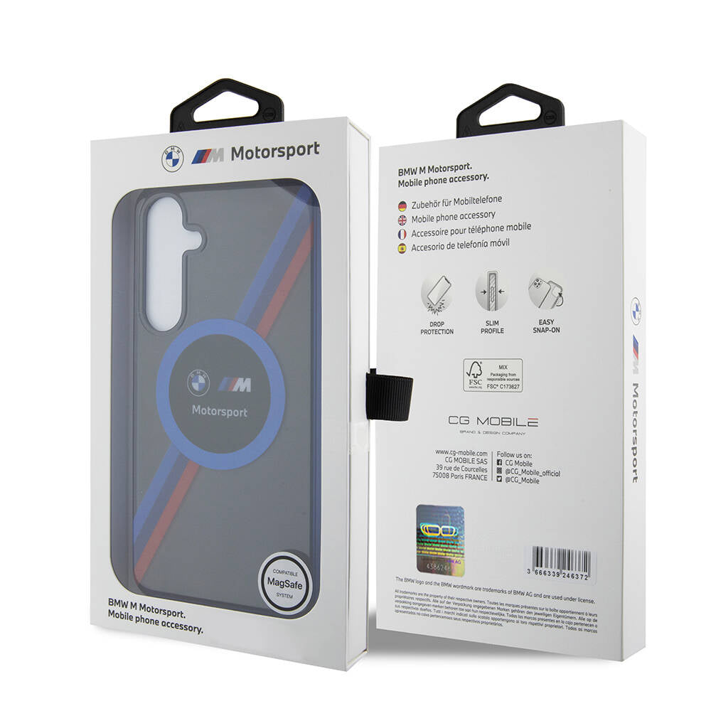 Galaxy S24 Kılıf BMW Orjinal Lisanslı M Logolu Üç Renk Çizgili Motorsport Circle Kapak Siyah