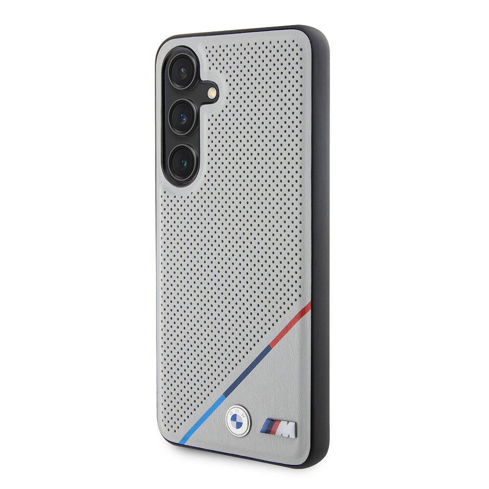 Galaxy S24 Kılıf BMW Orjinal Lisanslı Magsafe Şarj Özellikli M Logolu Üç Çizgili Delikli Deri Kapak Gri