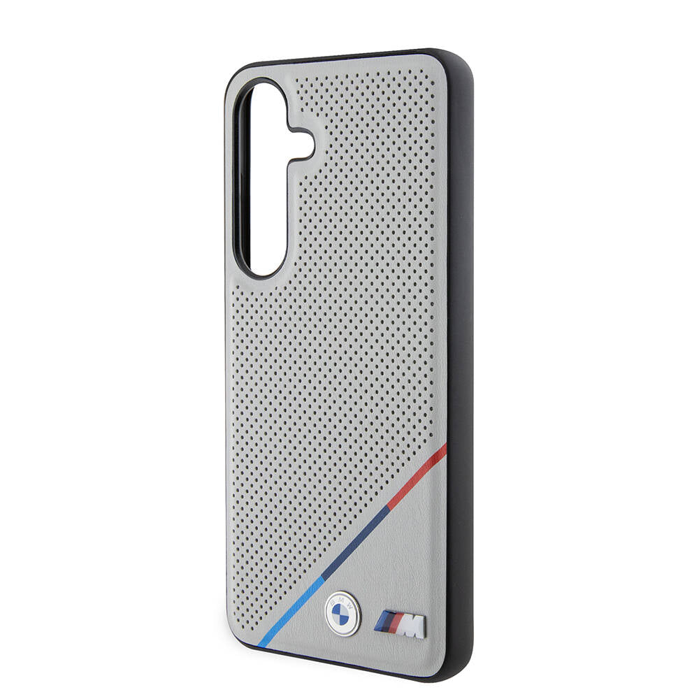 Galaxy S24 Kılıf BMW Orjinal Lisanslı Magsafe Şarj Özellikli M Logolu Üç Çizgili Delikli Deri Kapak Gri