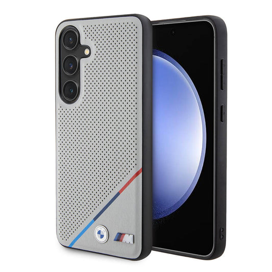 Galaxy S24 Kılıf BMW Orjinal Lisanslı Magsafe Şarj Özellikli M Logolu Üç Çizgili Delikli Deri Kapak Gri