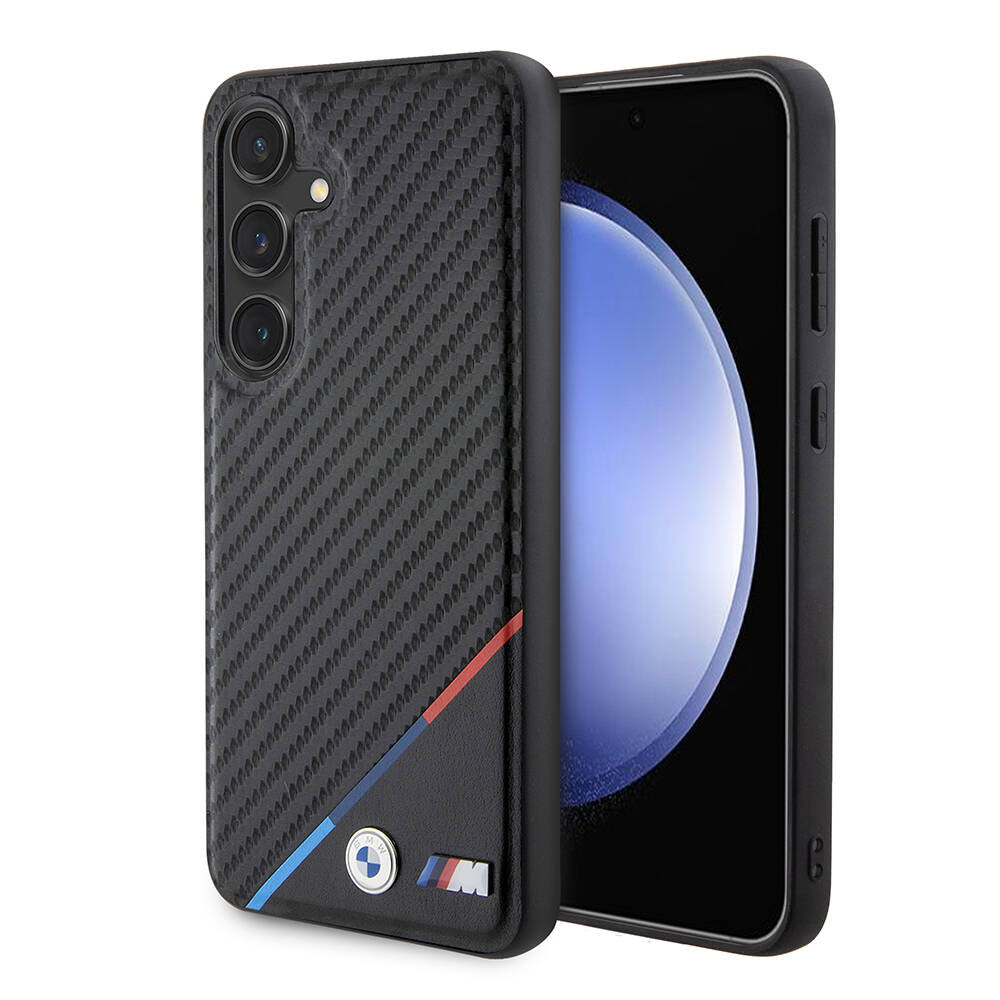 Galaxy S24 Kılıf BMW Orjinal Lisanslı Magsafe Şarj Özellikli M Logolu Üç Çizgili PU Karbon Kapak Siyah