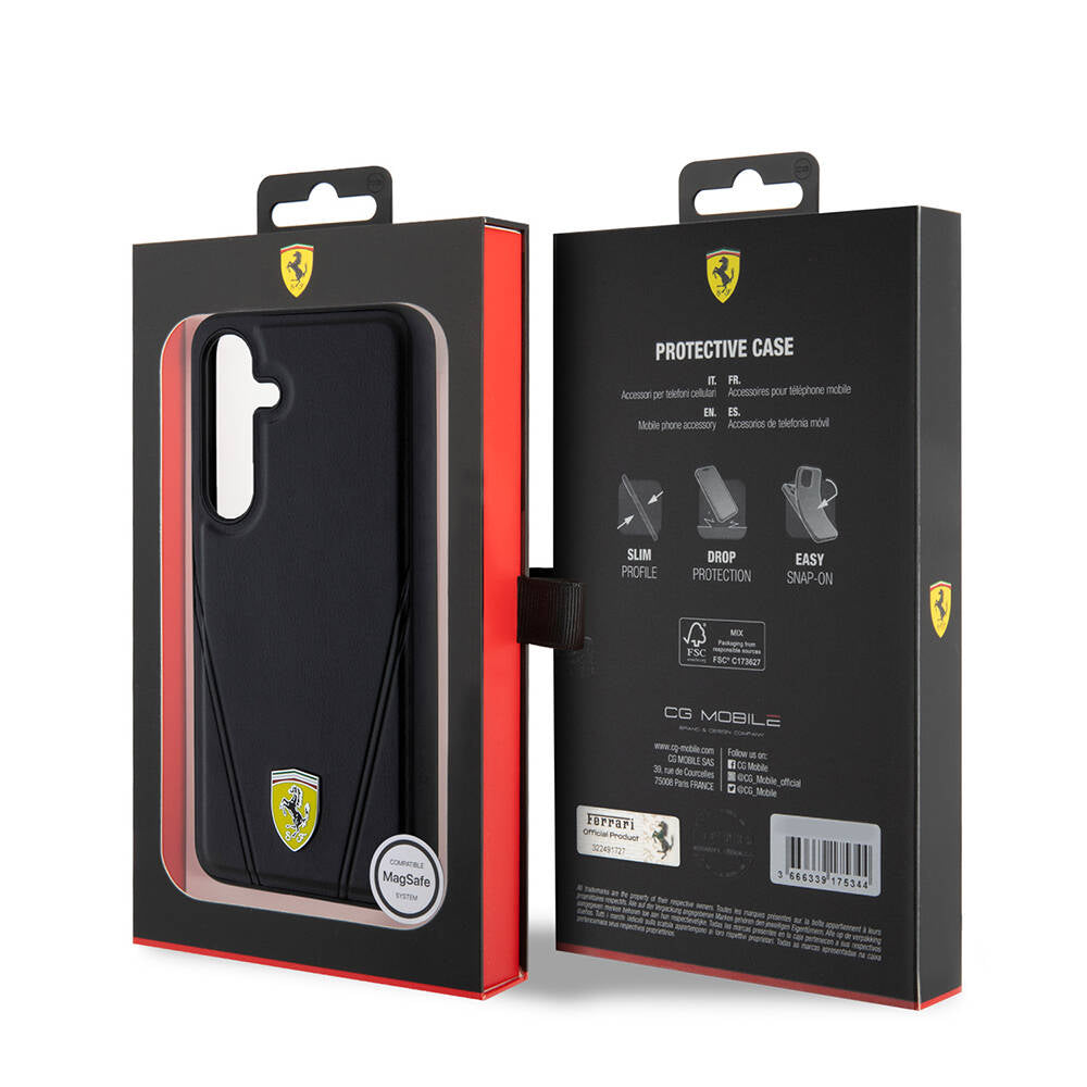 Galaxy S24 Kılıf Ferrari Orjinal Lisanslı Magsafe Şarj Özellikli Sıcak Baskı V Çizgili Deri Kapak Siyah