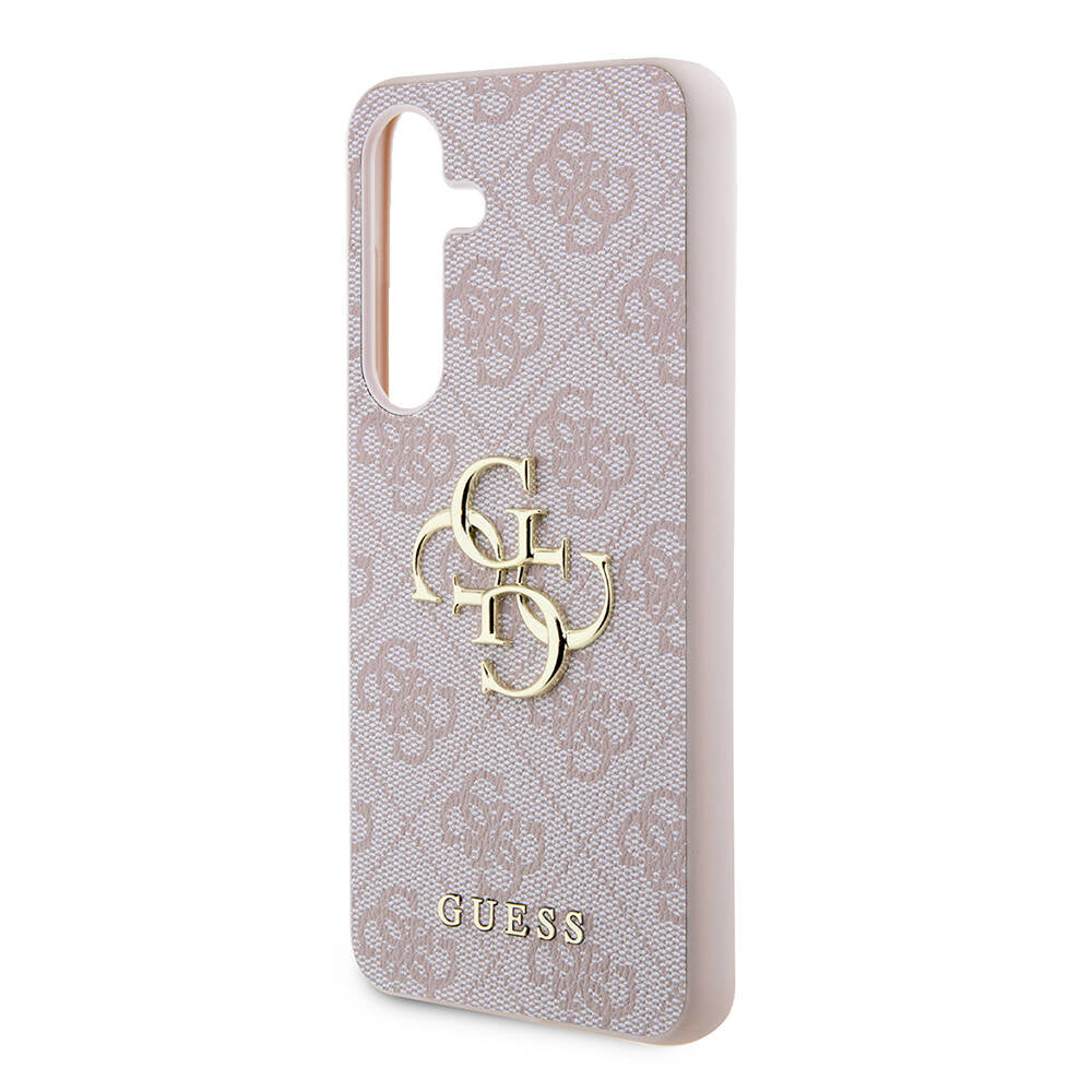 Galaxy S24 Kılıf Guess Orjinal Lisanslı PU Deri Yazı ve 4G Metal Logolu Desenli Kapak Pembe