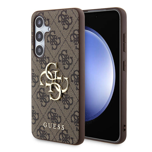 Galaxy S24 Kılıf Guess Orjinal Lisanslı PU Deri Yazı ve 4G Metal Logolu Desenli Kapak Kahverengi
