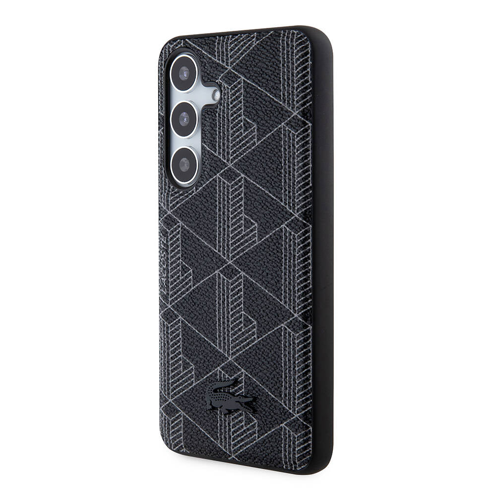 Galaxy S24 Kılıf Lacoste Orjinal Lisanslı Magsafe Şarj Özellikli PU Deri Görünümlü Karışık Monogram Desenli Kapak Siyah