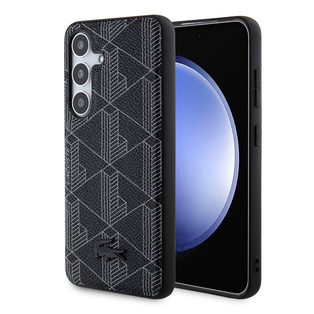 Galaxy S24 Kılıf Lacoste Orjinal Lisanslı Magsafe Şarj Özellikli PU Deri Görünümlü Karışık Monogram Desenli Kapak Siyah