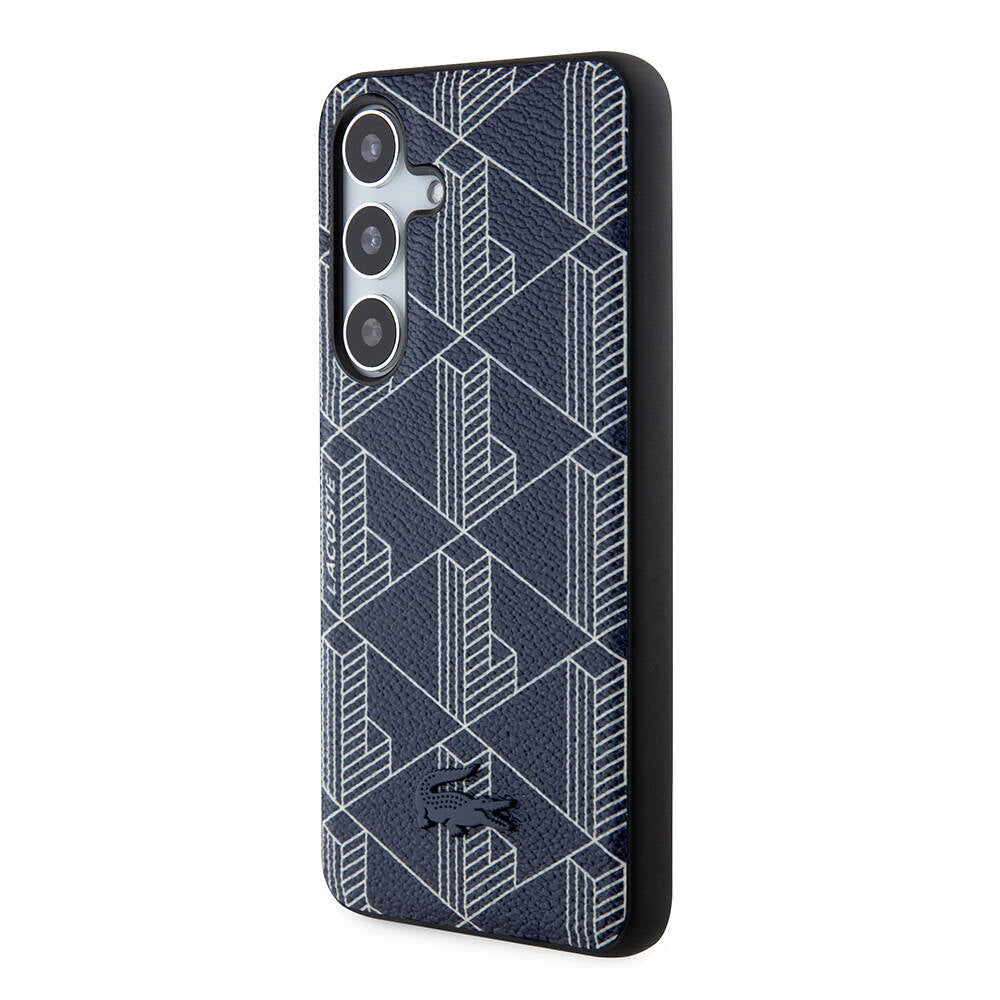 Galaxy S24 Kılıf Lacoste Orjinal Lisanslı Magsafe Şarj Özellikli PU Deri Görünümlü Karışık Monogram Desenli Kapak Lacivert