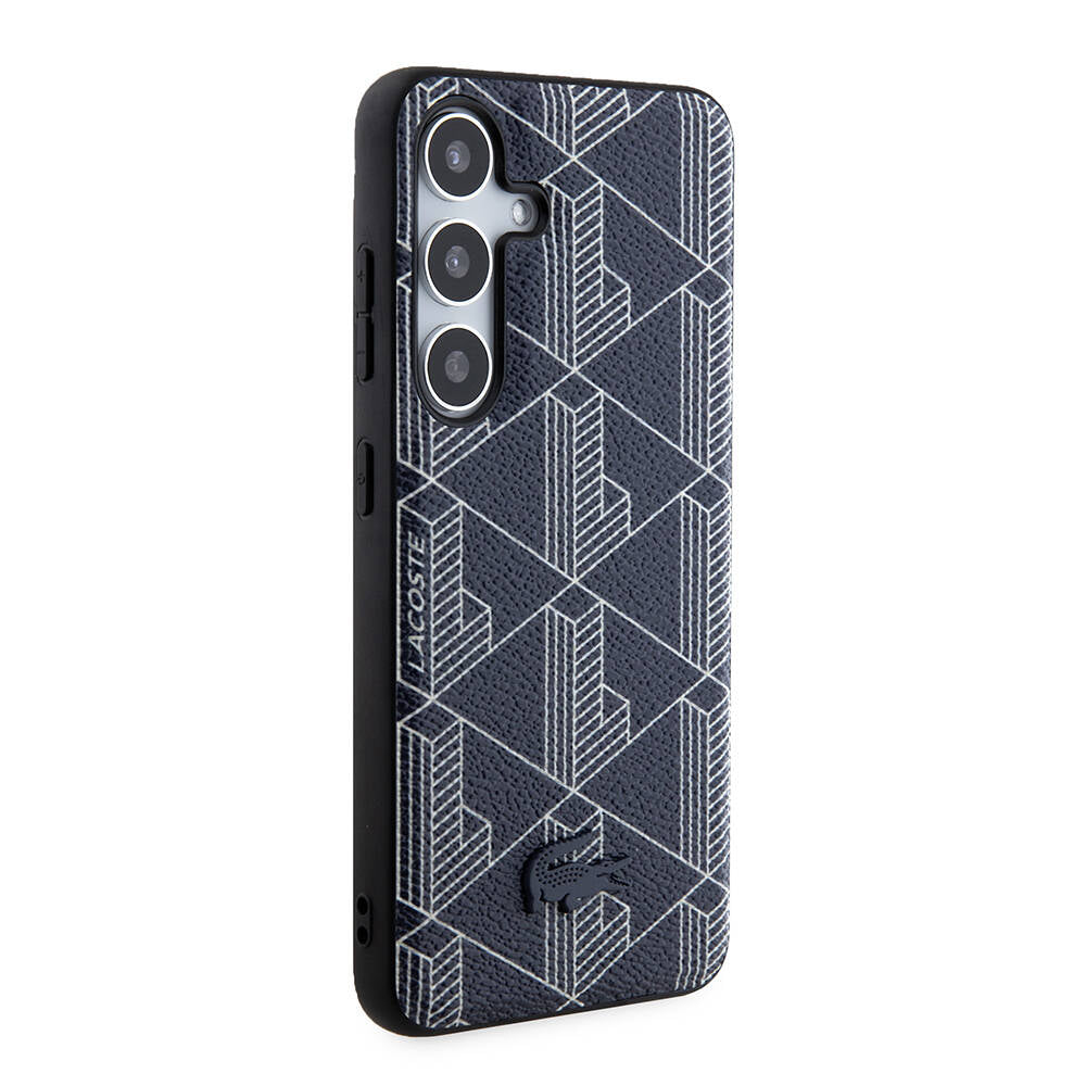 Galaxy S24 Kılıf Lacoste Orjinal Lisanslı Magsafe Şarj Özellikli PU Deri Görünümlü Karışık Monogram Desenli Kapak Lacivert