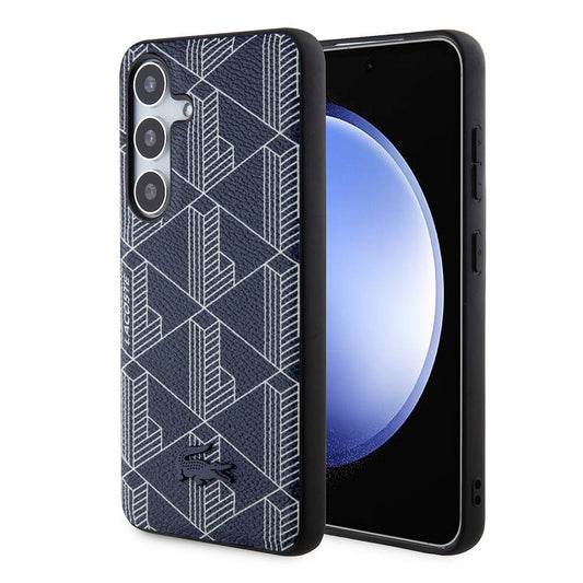 Galaxy S24 Kılıf Lacoste Orjinal Lisanslı Magsafe Şarj Özellikli PU Deri Görünümlü Karışık Monogram Desenli Kapak Lacivert