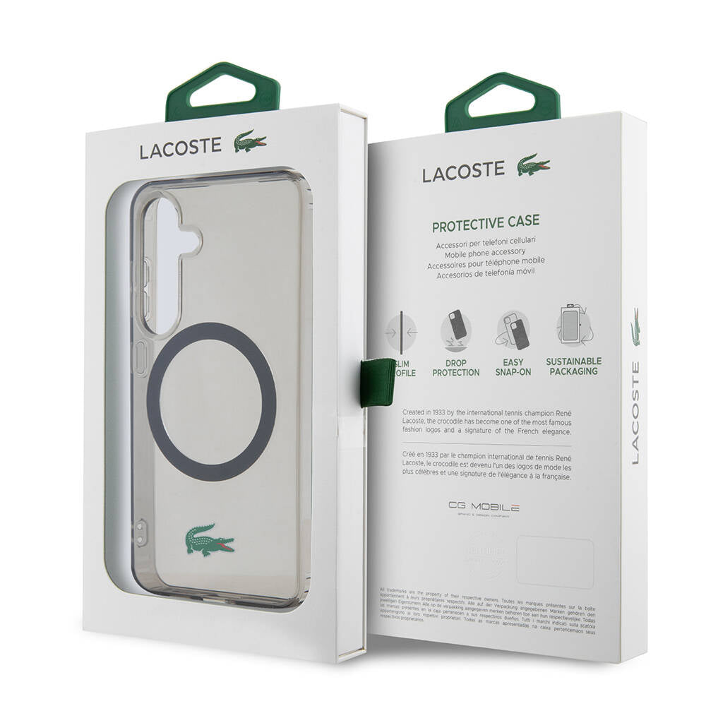 Galaxy S24 Kılıf Lacoste Orjinal Lisanslı Magsafe Şarj Özellikli Transparan Timsah Logo Baskılı Kapak Siyah