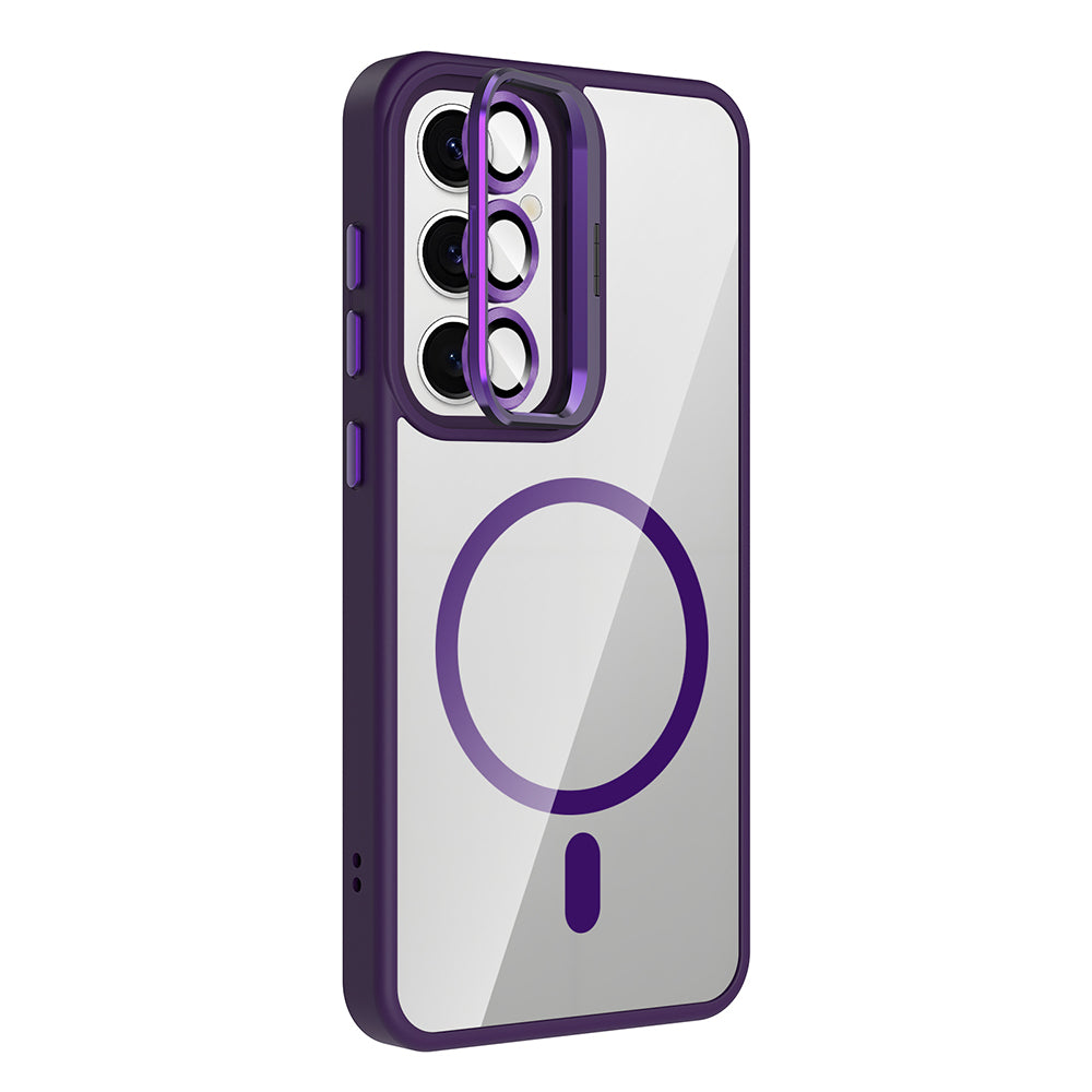 Galaxy S24 Kılıf Standlı ve Kamera Lens Hediyeli M-Safe Şarj Özellikli Zore Etro Kapak Pembe