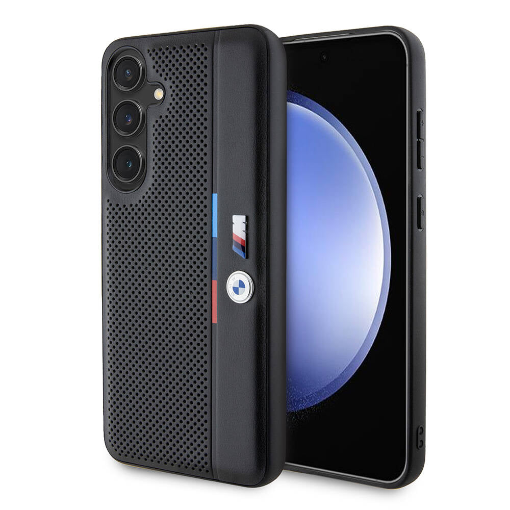 Galaxy S24 Plus Kılıf BMW Orjinal Lisanslı M Logolu Üç Renk Çizgili Delikli Detail Line Kapak Siyah