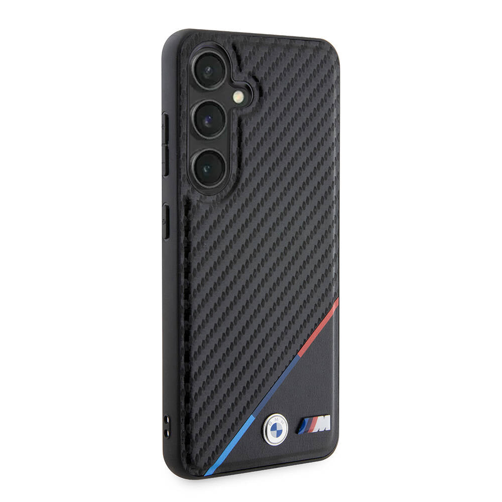 Galaxy S24 Plus Kılıf BMW Orjinal Lisanslı Magsafe Şarj Özellikli M Logolu Üç Çizgili PU Karbon Kapak Siyah