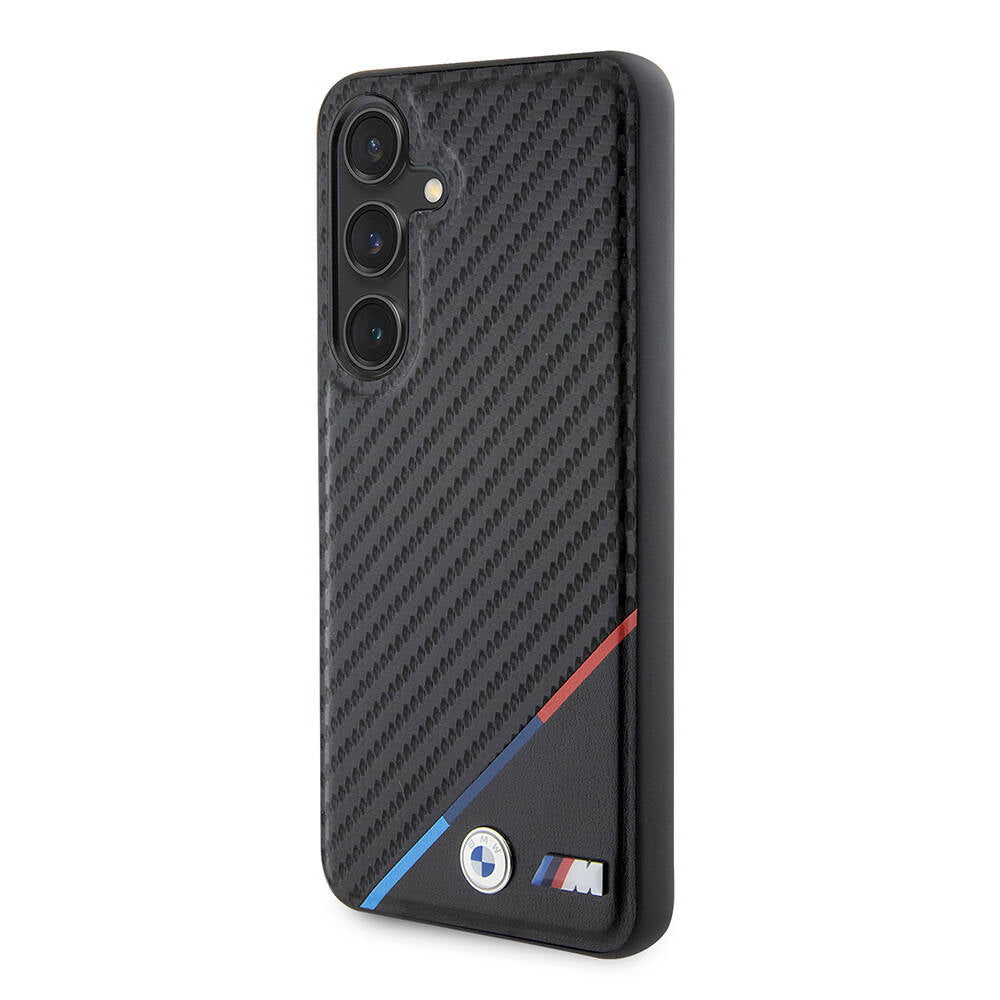 Galaxy S24 Plus Kılıf BMW Orjinal Lisanslı Magsafe Şarj Özellikli M Logolu Üç Çizgili PU Karbon Kapak Siyah