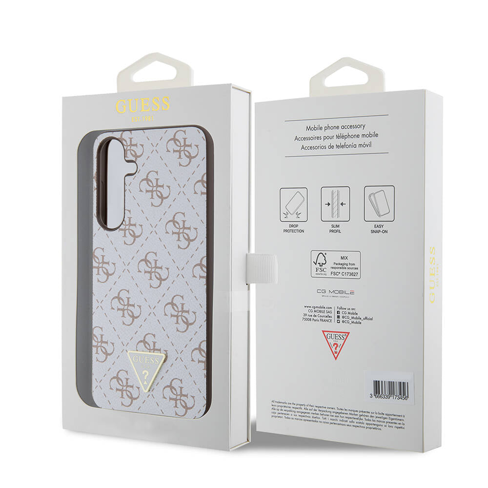 Galaxy S24 Plus Kılıf Guess Orjinal Lisanslı PU Üçgen Logo 4G Desenli Kapak Beyaz