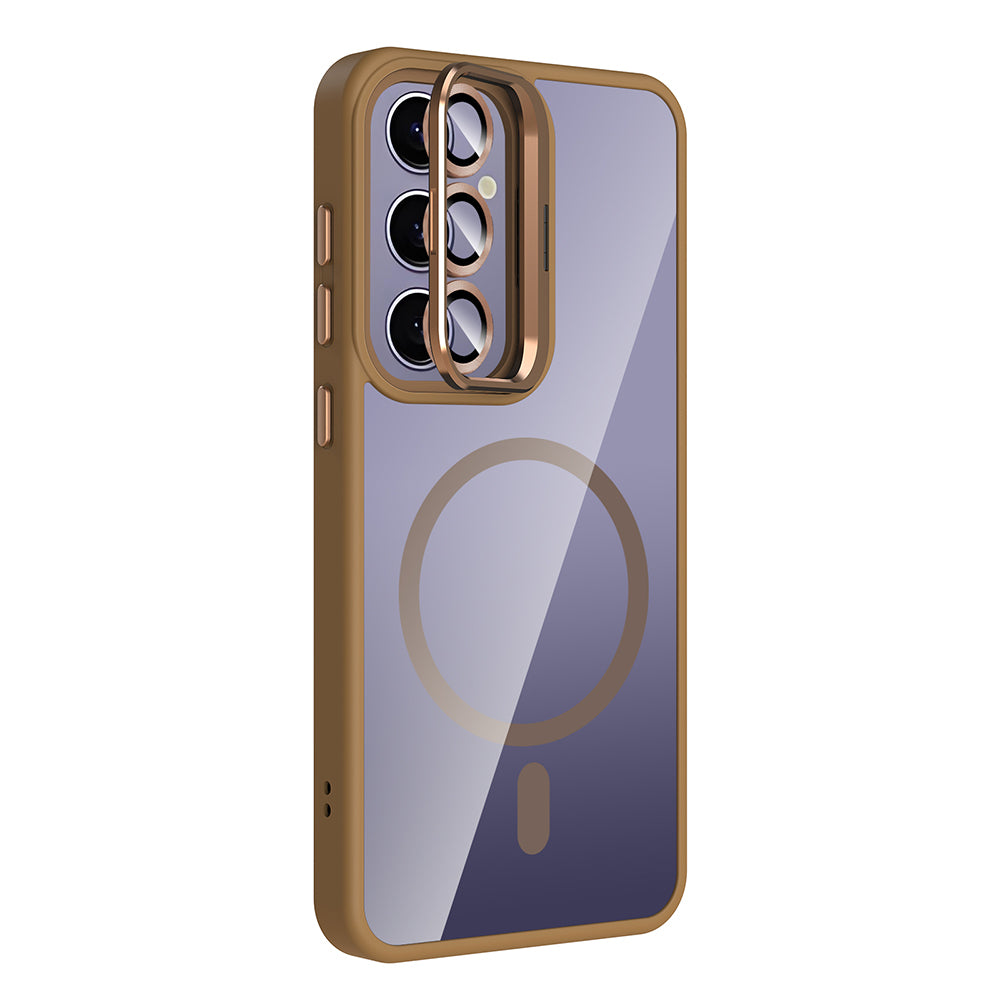 Galaxy S24 Plus Kılıf Standlı ve Kamera Lens Hediyeli M-Safe Şarj Özellikli Zore Etro Kapak Gri