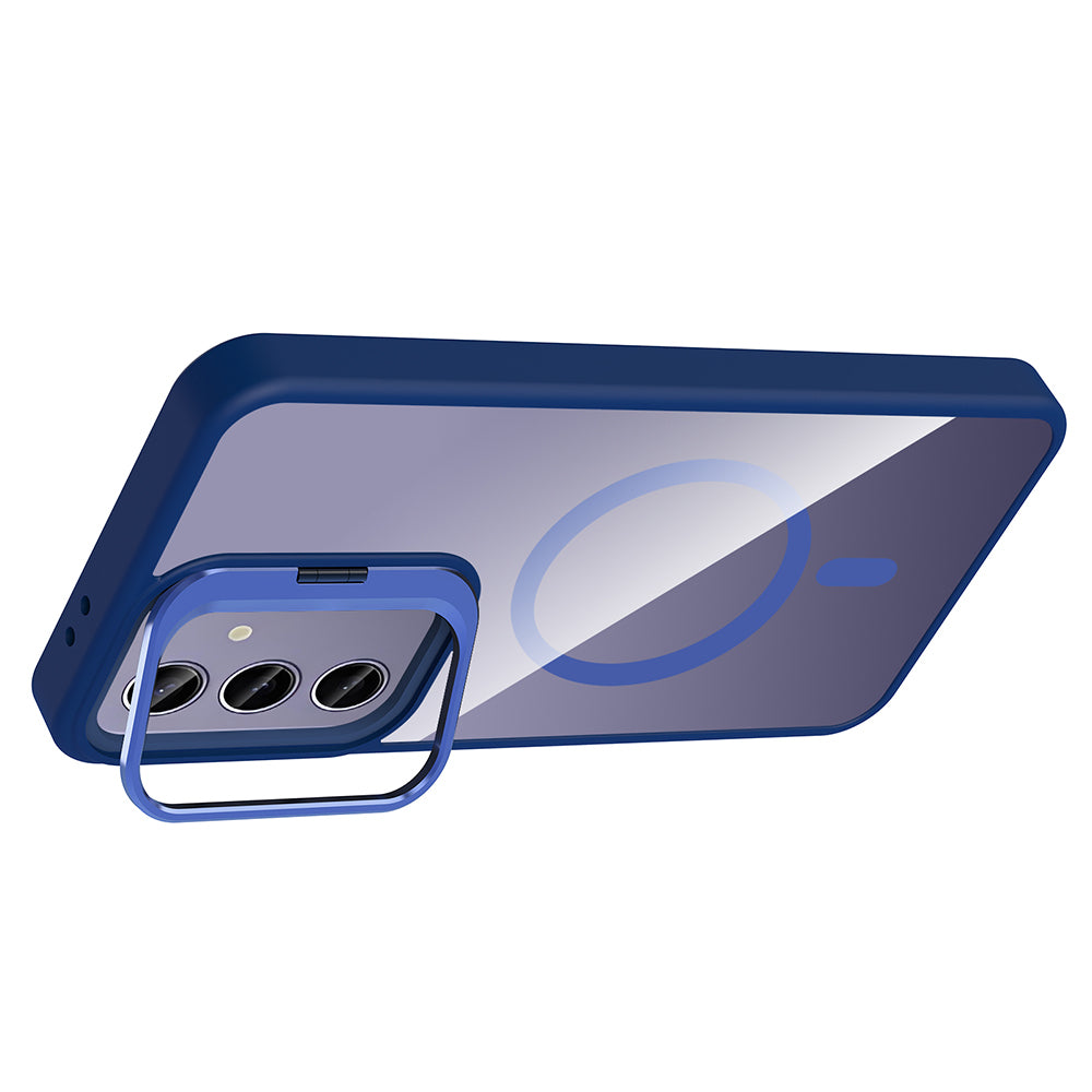 Galaxy S24 Plus Kılıf Standlı ve Kamera Lens Hediyeli M-Safe Şarj Özellikli Zore Etro Kapak Lacivert
