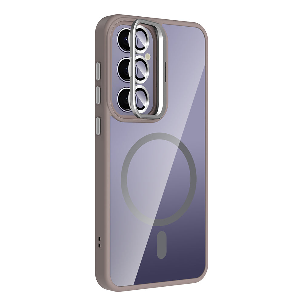 Galaxy S24 Plus Kılıf Standlı ve Kamera Lens Hediyeli M-Safe Şarj Özellikli Zore Etro Kapak Pembe