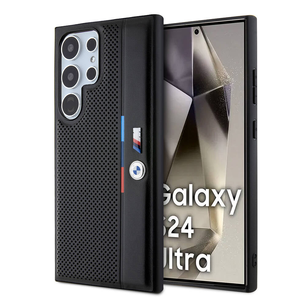 Galaxy S24 Ultra Kılıf BMW Orjinal Lisanslı M Logolu Üç Renk Çizgili Delikli Detail Line Kapak Siyah
