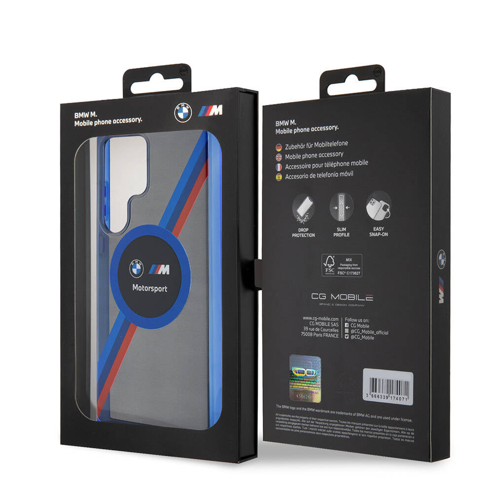 Galaxy S24 Ultra Kılıf BMW Orjinal Lisanslı M Logolu Üç Renk Çizgili Motorsport Circle Kapak Siyah