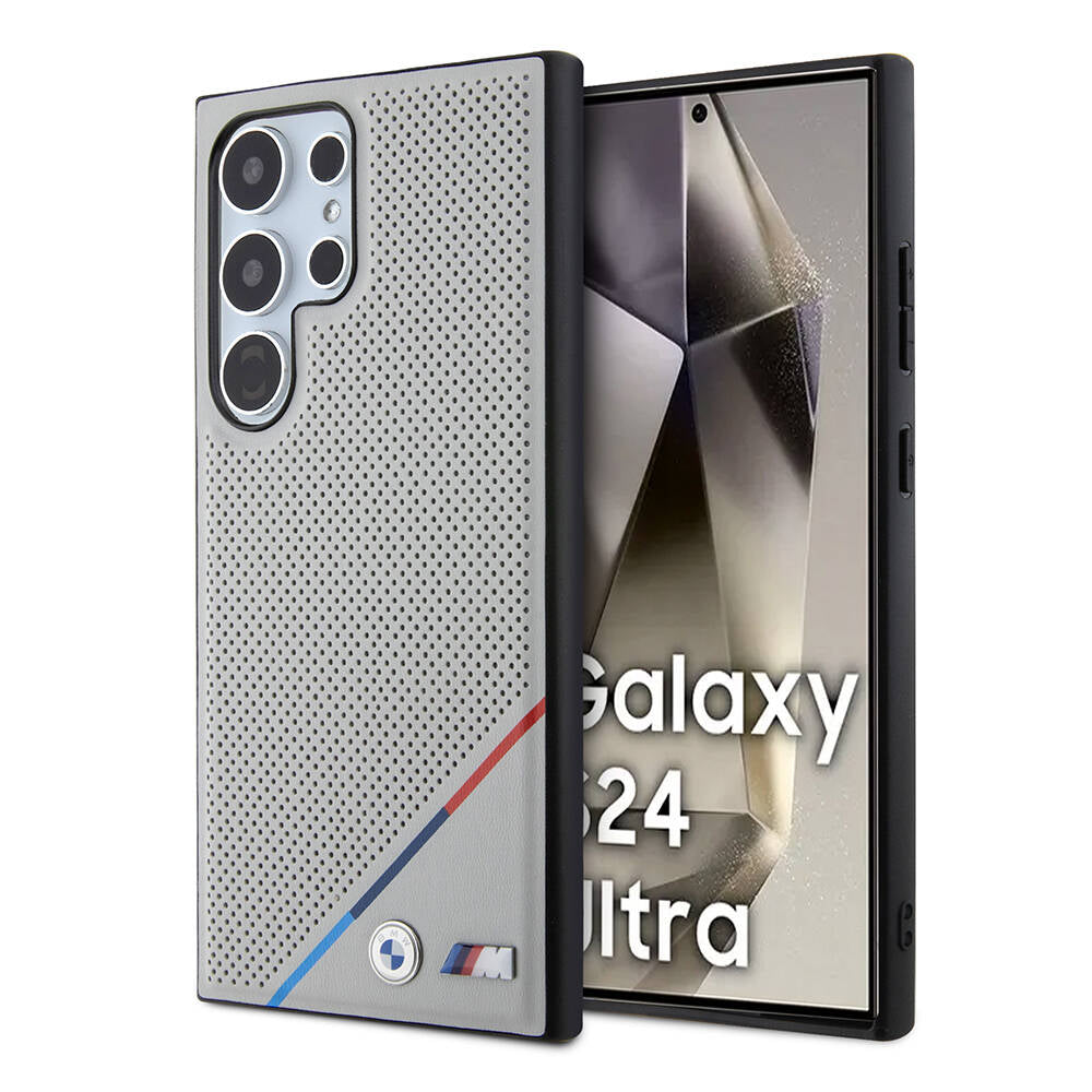 Galaxy S24 Ultra Kılıf BMW Orjinal Lisanslı Magsafe Şarj Özellikli M Logolu Üç Çizgili Delikli Deri Kapak Gri