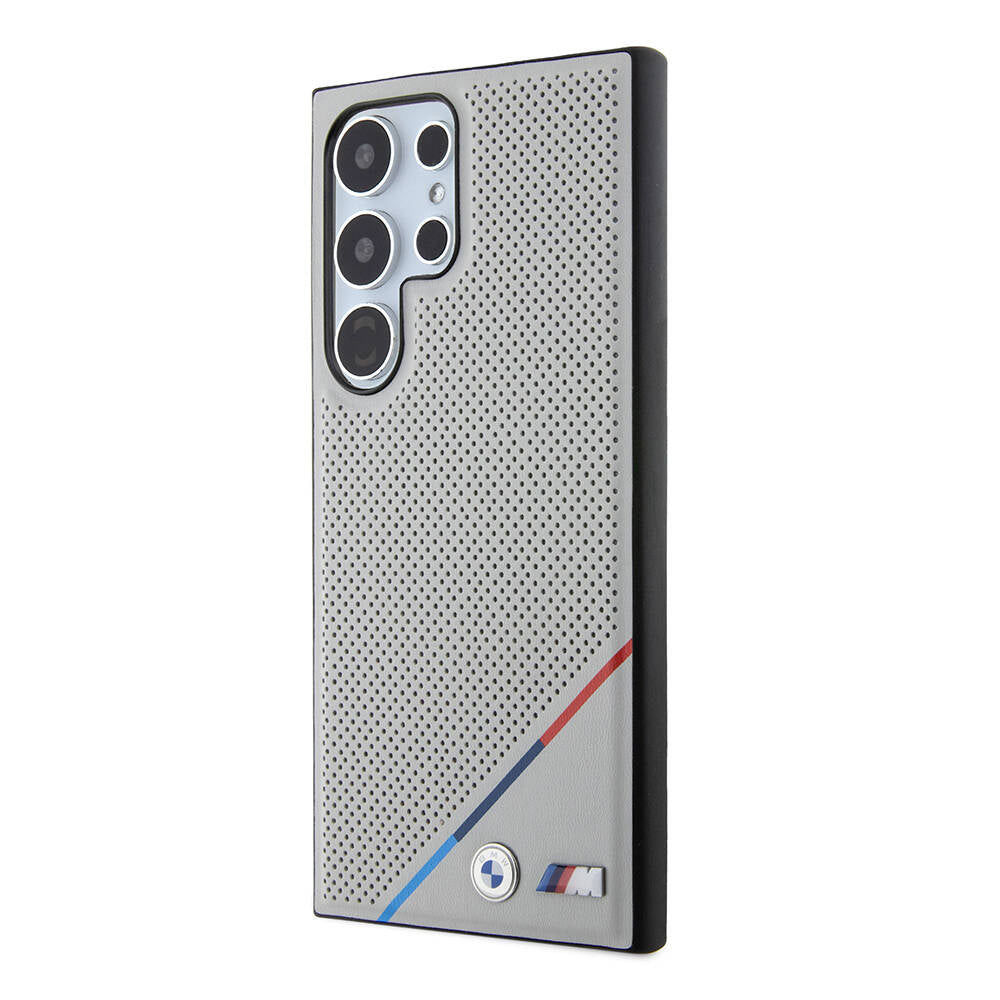 Galaxy S24 Ultra Kılıf BMW Orjinal Lisanslı Magsafe Şarj Özellikli M Logolu Üç Çizgili Delikli Deri Kapak Gri