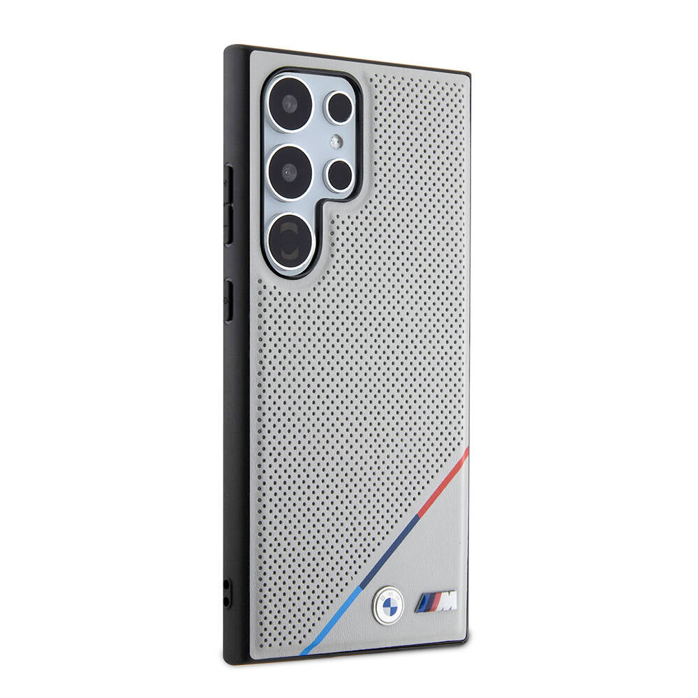 Galaxy S24 Ultra Kılıf BMW Orjinal Lisanslı Magsafe Şarj Özellikli M Logolu Üç Çizgili Delikli Deri Kapak Gri