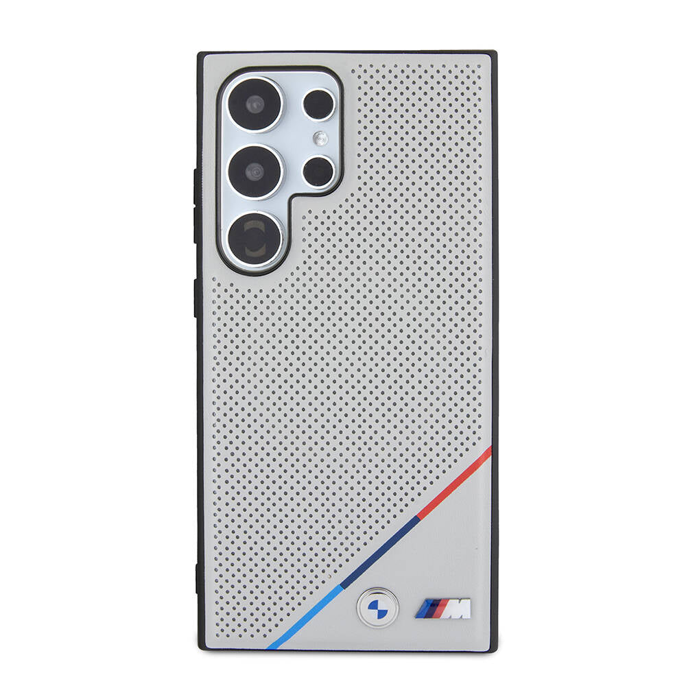Galaxy S24 Ultra Kılıf BMW Orjinal Lisanslı Magsafe Şarj Özellikli M Logolu Üç Çizgili Delikli Deri Kapak Gri