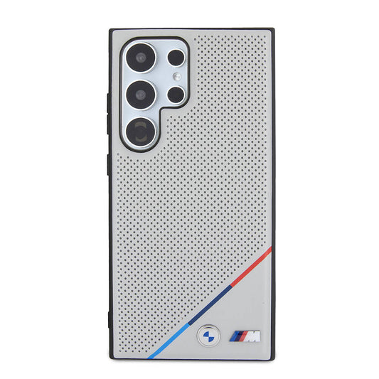 Galaxy S24 Ultra Kılıf BMW Orjinal Lisanslı Magsafe Şarj Özellikli M Logolu Üç Çizgili Delikli Deri Kapak Gri