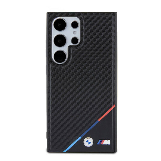 Galaxy S24 Ultra Kılıf BMW Orjinal Lisanslı Magsafe Şarj Özellikli M Logolu Üç Çizgili PU Karbon Kapak Siyah