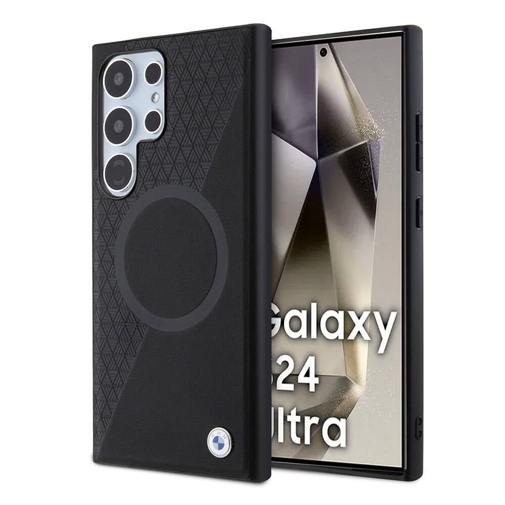 Galaxy S24 Ultra Kılıf BMW Orjinal Lisanslı Magsafe Şarj Özellikli Yarım Dokulu Circle Leather Kapak Siyah