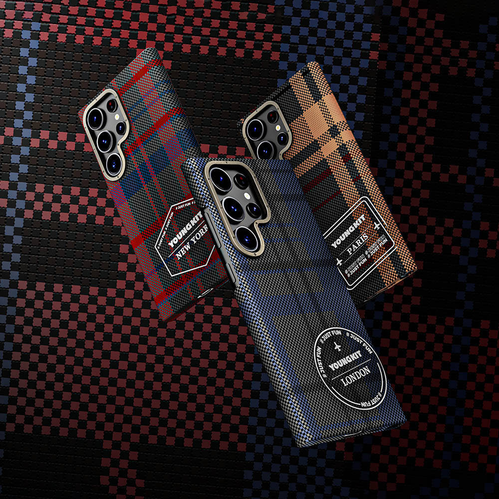 Galaxy S24 Ultra Kılıf Ekose Desenli Youngkit Gezhi Serisi Kapak Mavi