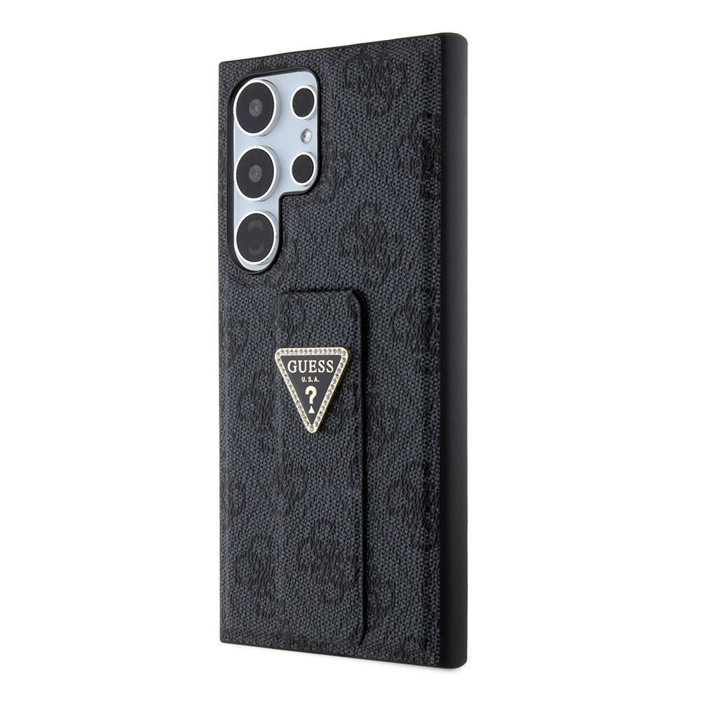 Galaxy S24 Ultra Kılıf Guess Orjinal Lisanslı 4G Desenli Üçgen Logolu Standlı Deri Kapak Kahverengi