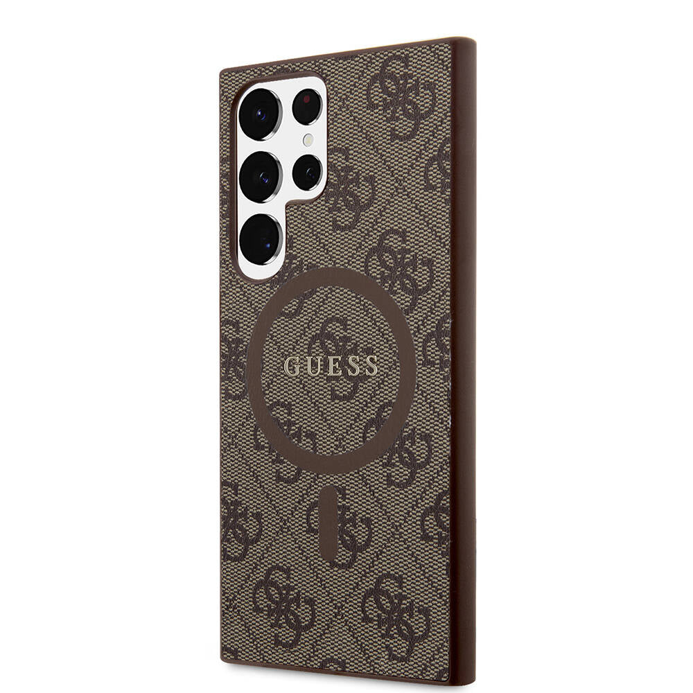 Galaxy S24 Ultra Kılıf Guess Orjinal Lisanslı Magsafe Şarj Özellikli PU Halkalı 4G Desenli Yazı Logolu Kapak Kahverengi