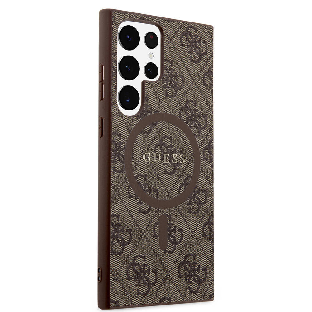 Galaxy S24 Ultra Kılıf Guess Orjinal Lisanslı Magsafe Şarj Özellikli PU Halkalı 4G Desenli Yazı Logolu Kapak Kahverengi