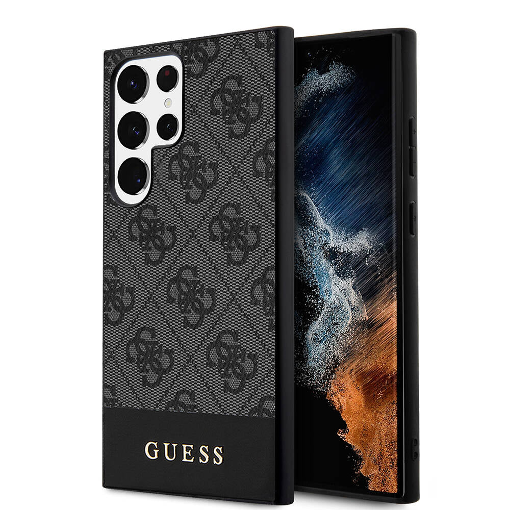 Galaxy S24 Ultra Kılıf Guess Orjinal Lisanslı PU Deri Şerit Logo Dizaynlı Kapak Kahverengi