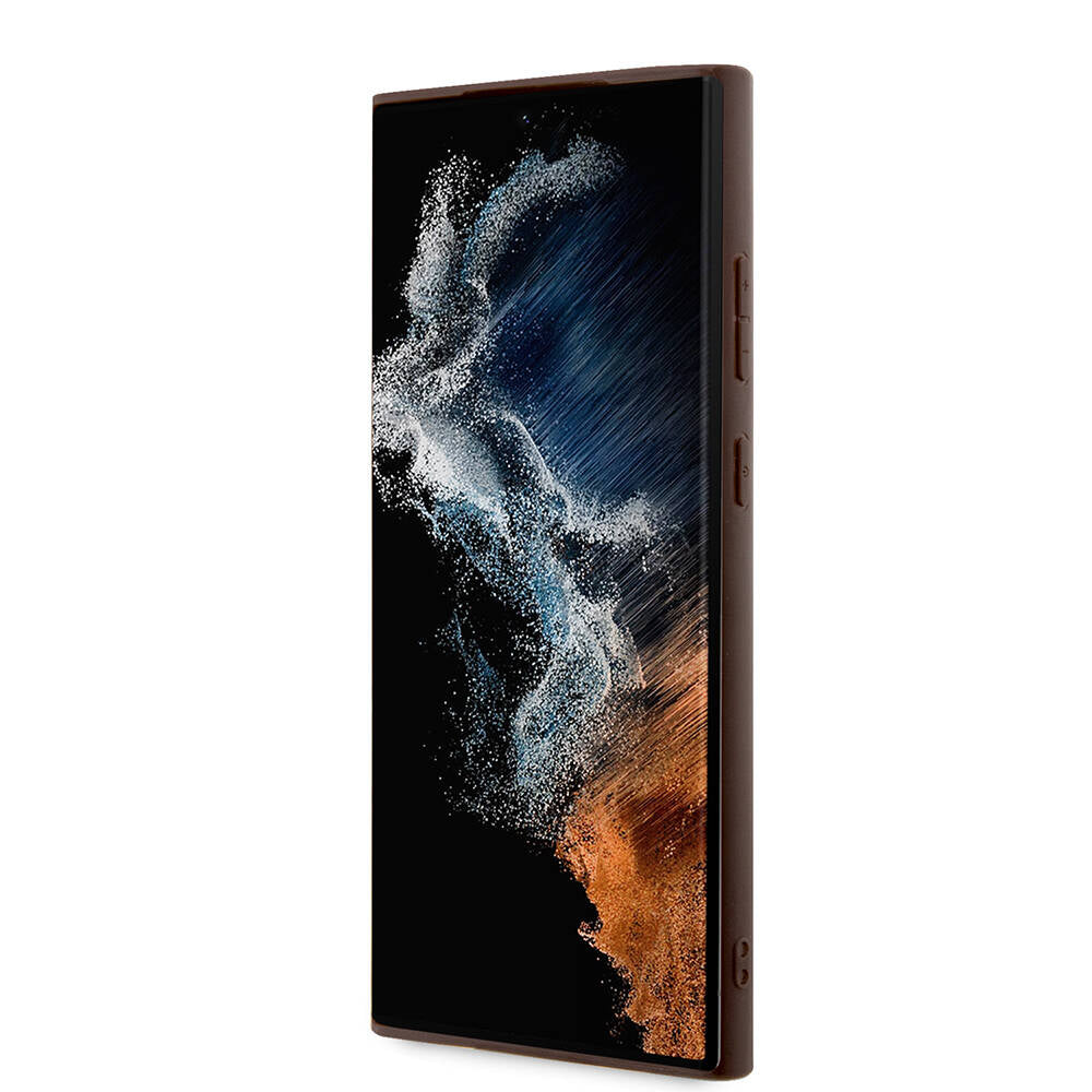 Galaxy S24 Ultra Kılıf Guess Orjinal Lisanslı PU Deri Şerit Logo Dizaynlı Kapak Kahverengi