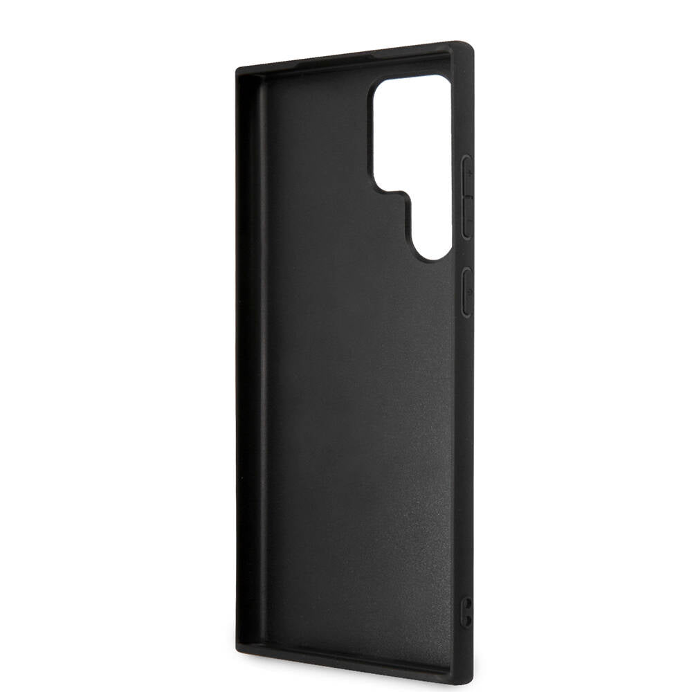 Galaxy S24 Ultra Kılıf Guess Orjinal Lisanslı PU Deri Yazı ve 4G Metal Logolu Desenli Kapak Siyah