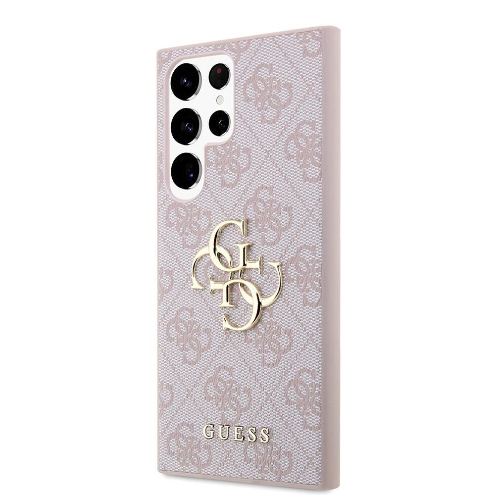 Galaxy S24 Ultra Kılıf Guess Orjinal Lisanslı PU Deri Yazı ve 4G Metal Logolu Desenli Kapak Kahverengi