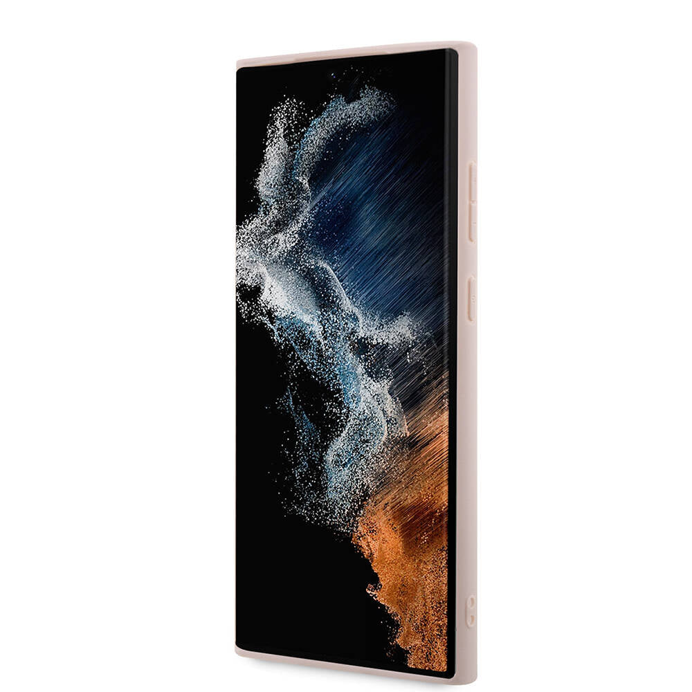 Galaxy S24 Ultra Kılıf Guess Orjinal Lisanslı PU Deri Yazı ve 4G Metal Logolu Desenli Kapak Pembe