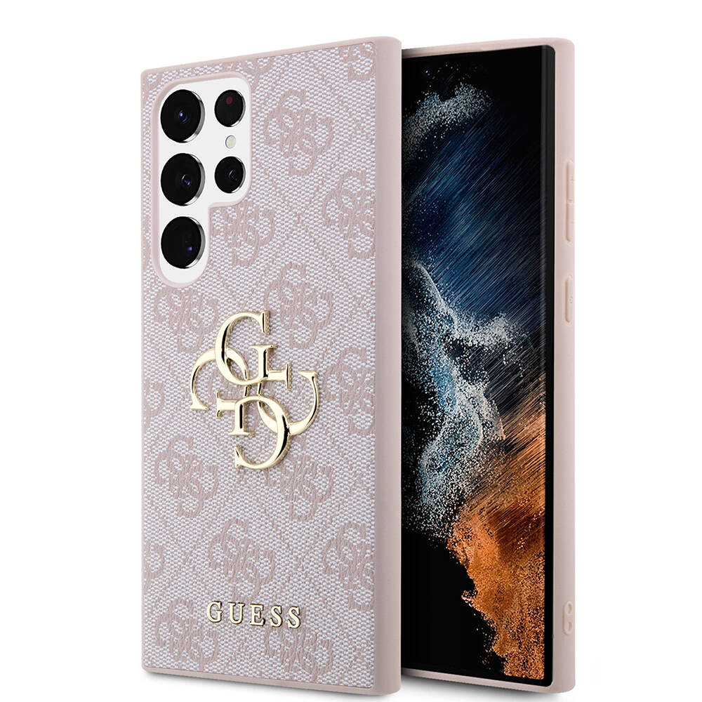Galaxy S24 Ultra Kılıf Guess Orjinal Lisanslı PU Deri Yazı ve 4G Metal Logolu Desenli Kapak Pembe