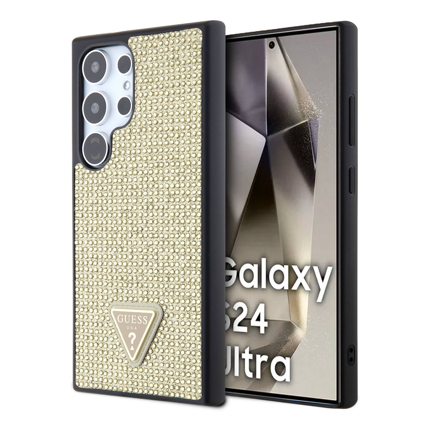 Galaxy S24 Ultra Kılıf Guess Orjinal Lisanslı Taşlı Arka Yüzey Üçgen Logolu Kapak Gümüş