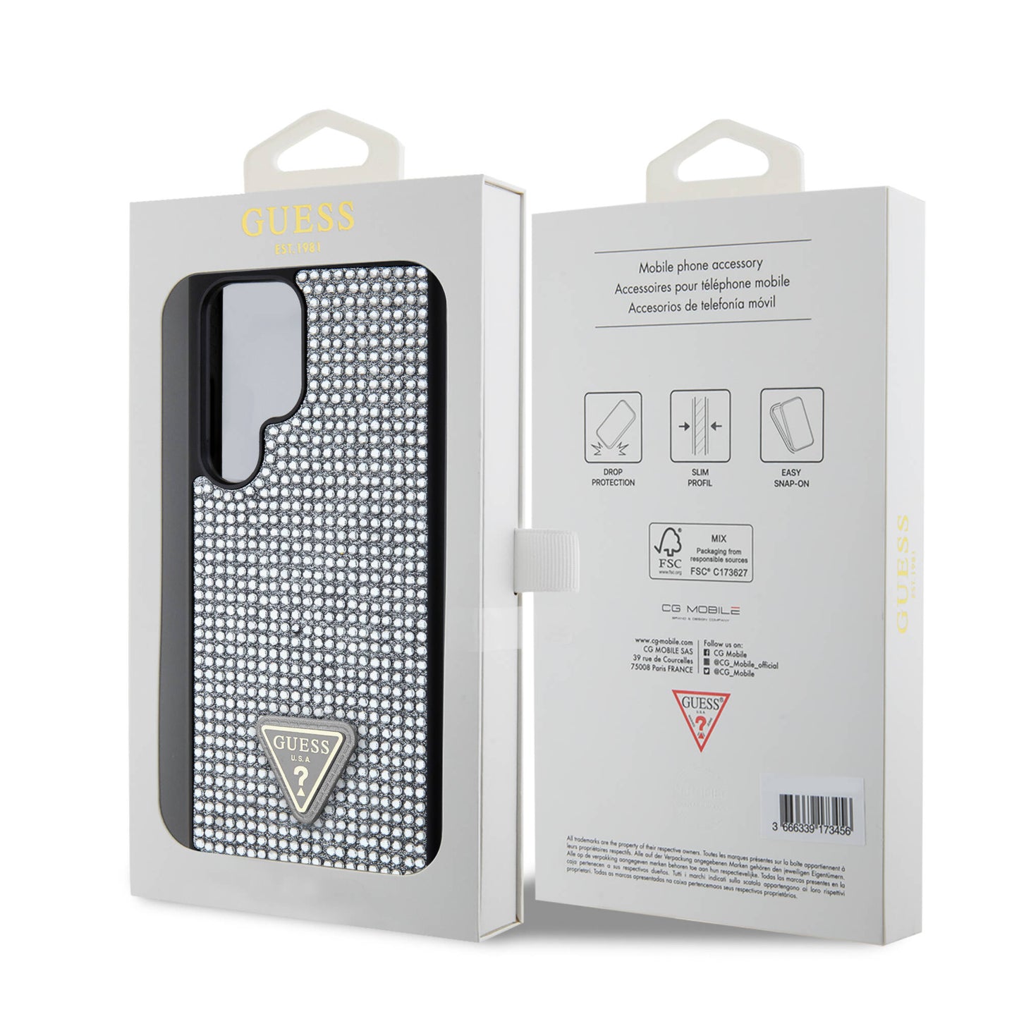 Galaxy S24 Ultra Kılıf Guess Orjinal Lisanslı Taşlı Arka Yüzey Üçgen Logolu Kapak Siyah