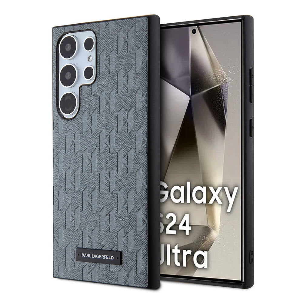 Galaxy S24 Ultra Kılıf Karl Lagerfeld Orjinal Lisanslı Saffiano Monogram Metal Logo Kapak Gri