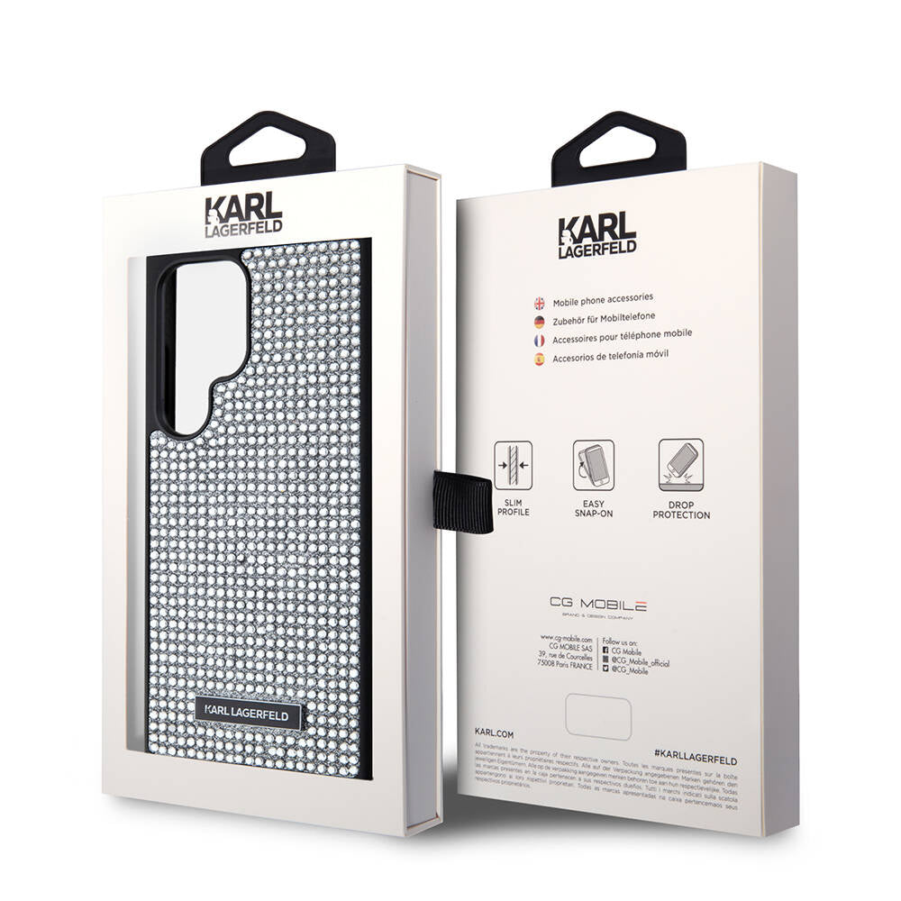 Galaxy S24 Ultra Kılıf Karl Lagerfeld Taşlı Metal Logo Orjinal Lisanslı Kapak Gümüş