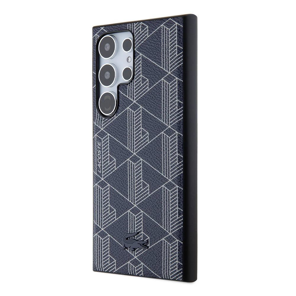 Galaxy S24 Ultra Kılıf Lacoste Orjinal Lisanslı Magsafe Şarj Özellikli PU Deri Görünümlü Karışık Monogram Desenli Kapak Lacivert