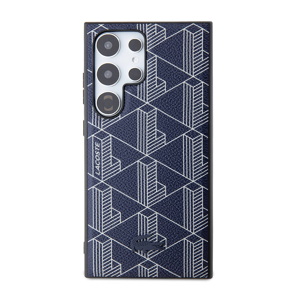 Galaxy S24 Ultra Kılıf Lacoste Orjinal Lisanslı Magsafe Şarj Özellikli PU Deri Görünümlü Karışık Monogram Desenli Kapak Lacivert