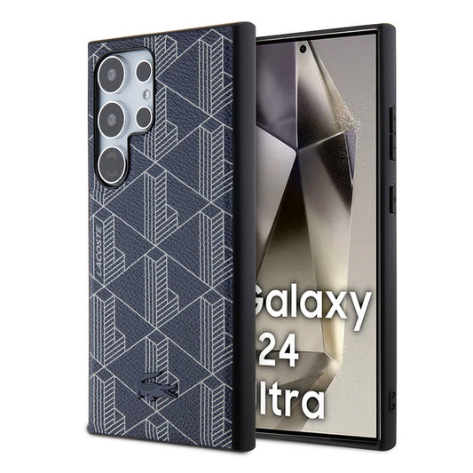 Galaxy S24 Ultra Kılıf Lacoste Orjinal Lisanslı Magsafe Şarj Özellikli PU Deri Görünümlü Karışık Monogram Desenli Kapak Lacivert