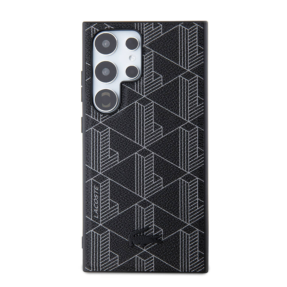 Galaxy S24 Ultra Kılıf Lacoste Orjinal Lisanslı Magsafe Şarj Özellikli PU Deri Görünümlü Karışık Monogram Desenli Kapak Siyah