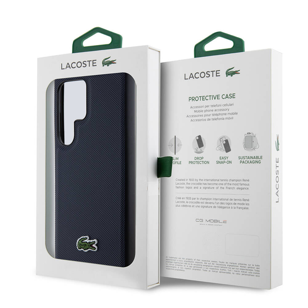 Galaxy S24 Ultra Kılıf Lacoste Orjinal Lisanslı PU Pike Desenli Arka Yüzey İkonik Timsah Dokuma Logolu Kapak Lacivert